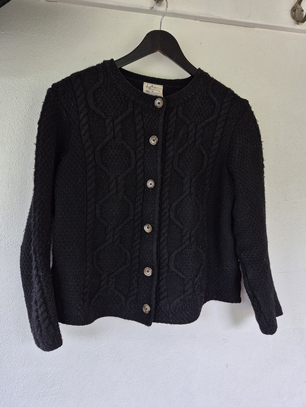 100% Wool Button Front Cardigan By Aran Country Black Medium